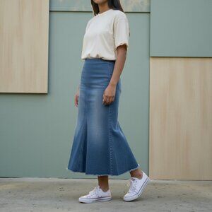 Boston Proper Midi Jean Skirt 16 Flared Blue Stone Wash Denim Raw Hem